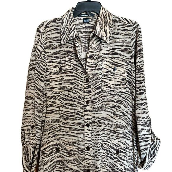 Ellen Tracy Shirt Dress 8 Multicolor Safari Silk Button Midi Roll Tab Sleeves - Picture 2 of 9